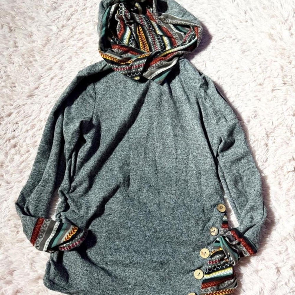 Tribal Geometric Earthy Artisan Cottage Core Cowl Neck Long Sleeve Top Womens XL